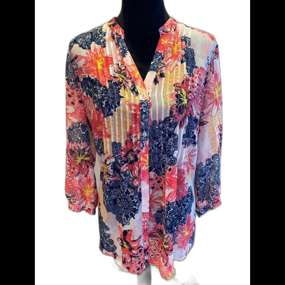 Charter Club Blouse Size Petite Large PL Pink Navy Sheer Flowy Top - Picture 2 of 8